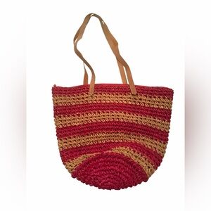 Woven Red and Tan Striped Tote Bag - Lined on Inside